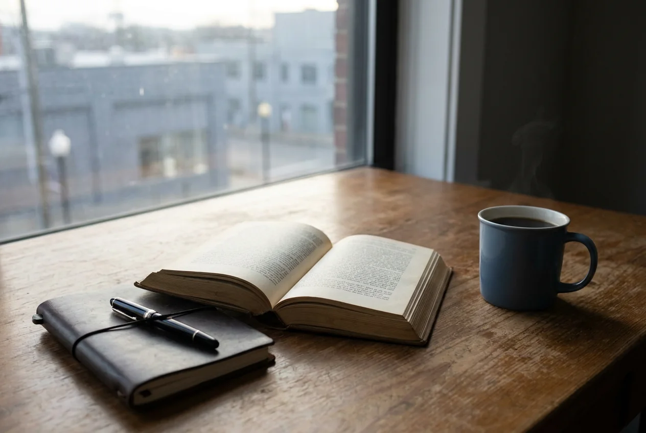 A desk by a window with an open Bible, a notebook and coffee.